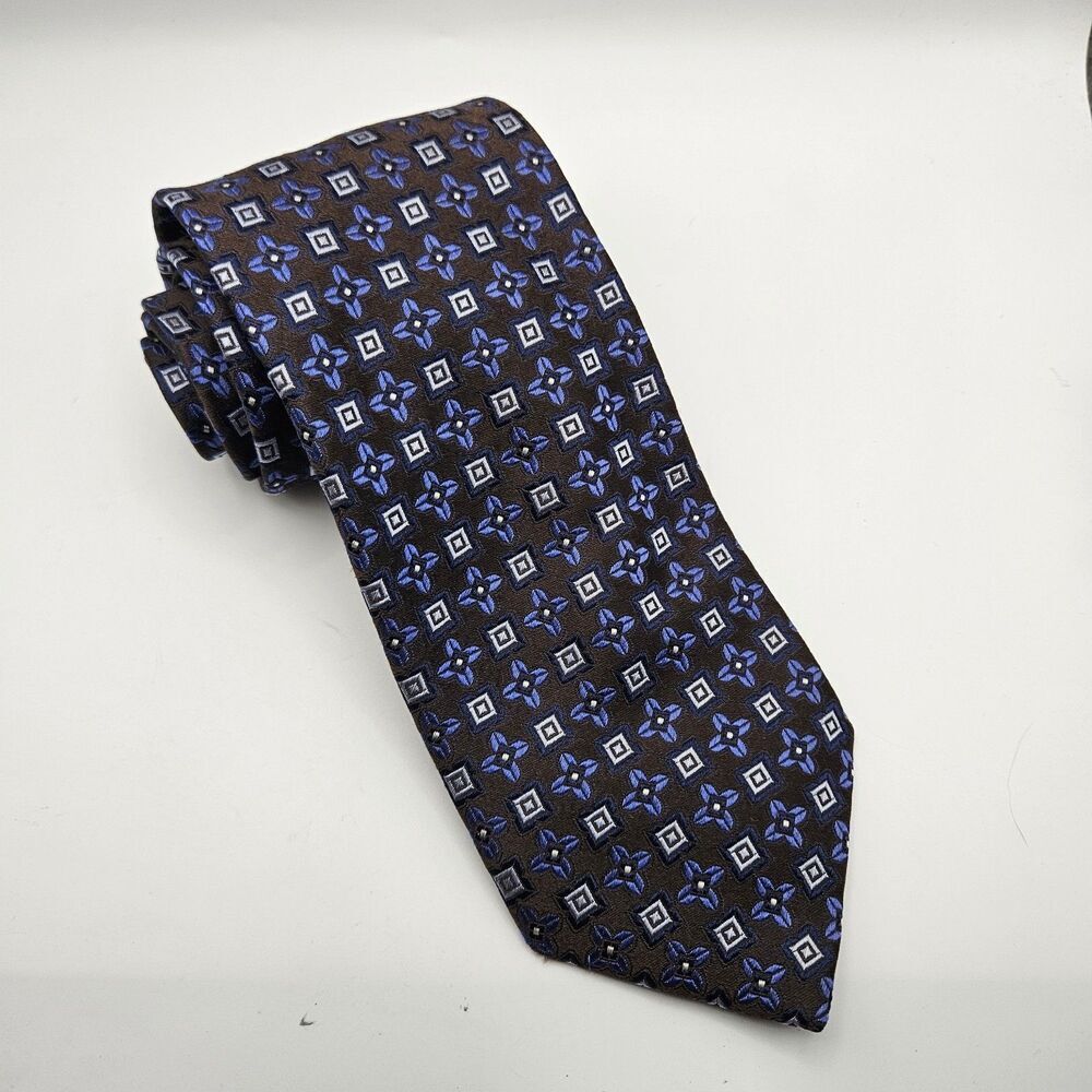 Canali Brown Navy Geometric 100% Silk Tie Business Wedding‎ Luxury 60.5x3.75"